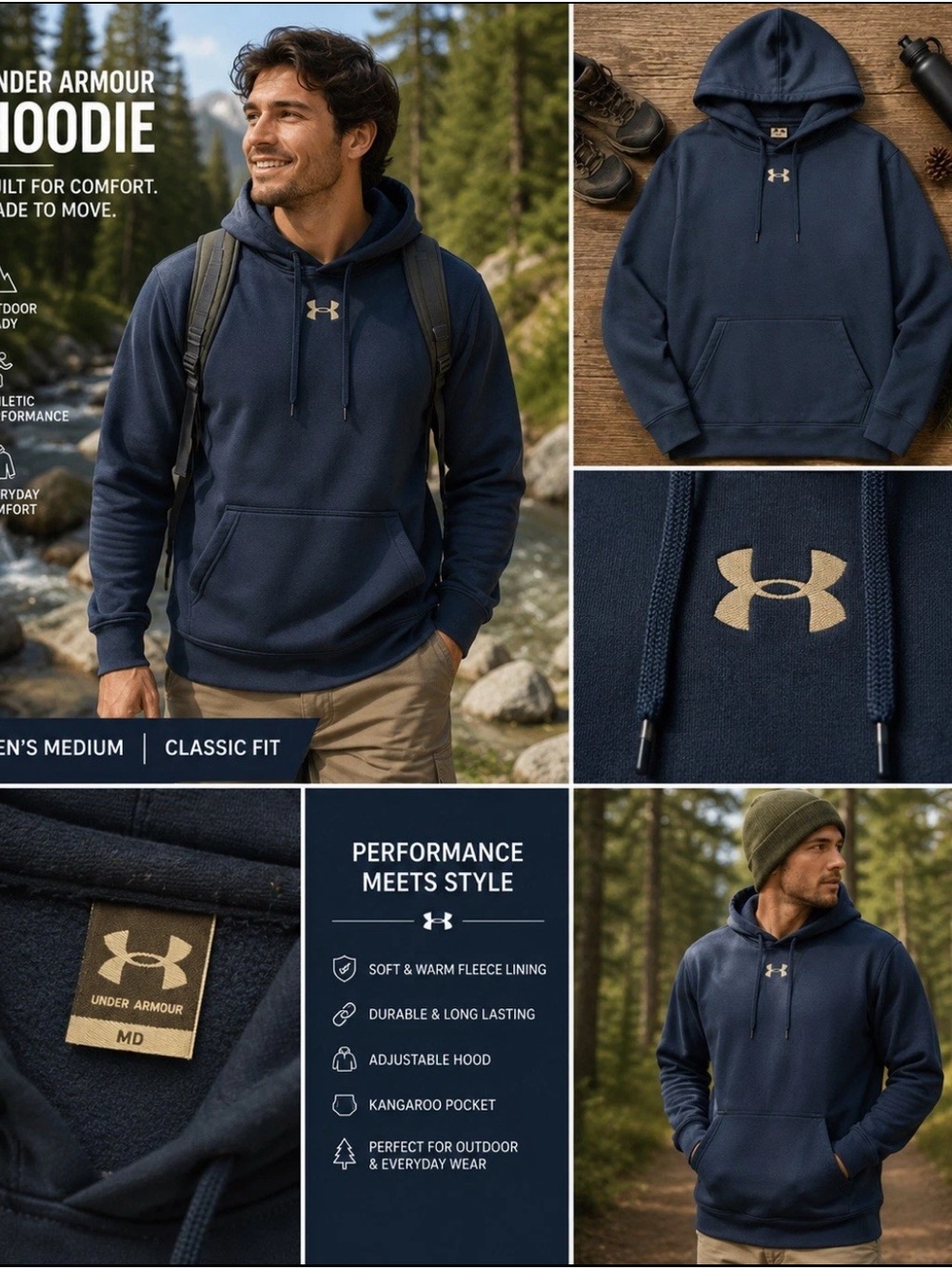 Under Armour Hoodie Medium Blue Fleece Pullover Sweatshirt Gorpcore Athletic Gym